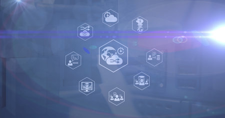 Image of icons and light on navy background. global network, data processing and technology concept...