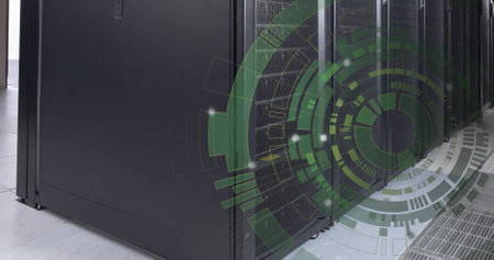 Image of round scanner spinning against computer server room. Computer interface and business data...