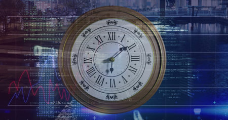 Image of diagrams and data processing with clock over cityscape. Global business, time and digital interface concept, digitally generated image.の写真素材