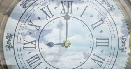 Image of clock over broken dollar symbols and clouds. Global business, time and digital interface concept, digitally generated image.の写真素材