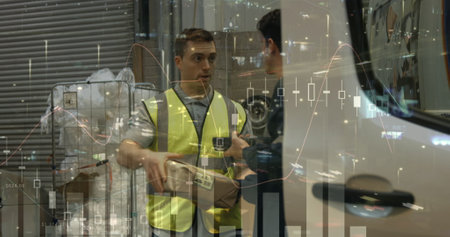 Image of financial data over caucasian male courier and warehouse worker. business, finance and...