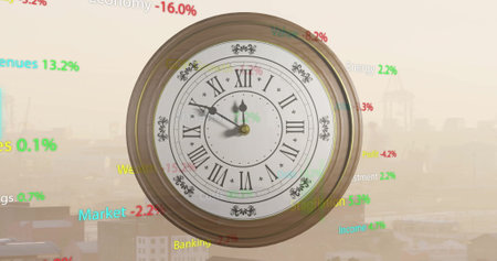 Image of diagrams and stock market with clock over cityscape. Global business, time and digital...