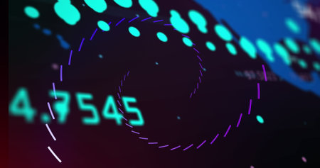 Image of graphs over world map and spiral on black background. Global finance, data processing and technology concept digitally generated image.の写真素材