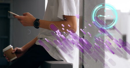 Image of clock moving over caucasian businessman using smartphone. global business and digital...