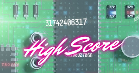 Image of high score text over data processing and computer circuit board. global social media, computing and digital interface concept digitally generated image.の写真素材