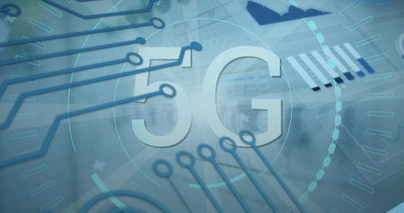 Image of 5g text and data processing over grey background. Global connections, data processing and...