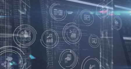 Image of multiple digital icons over screens with data processing against blue background. Medical...