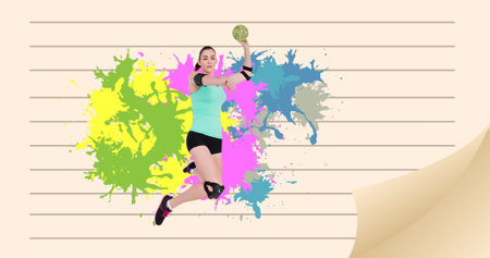 Image of caucasian female handball player holding ball over colorful stains. sports and competition concept digitally generated image.の写真素材