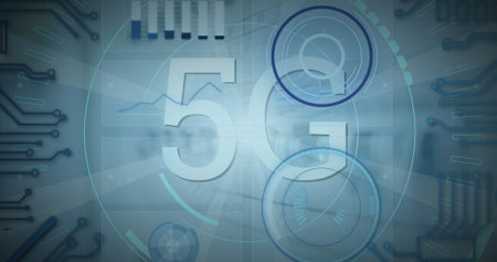 Image of 5g text and data processing over grey background. Global connections, data processing and...