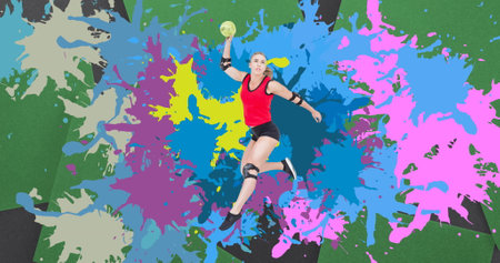 Image of caucasian female handball player holding ball over colorful stains. sports and competition concept digitally generated image.の写真素材