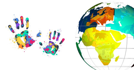 Image of handprints and globe on white background. Universal childrens day and celebration concept digitally generated image.の写真素材