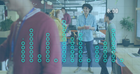 Image of financial data processing over diverse business people in office. Global business, finance,...
