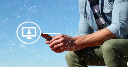 Image of connections with icons over caucasian man using smartphone. Connections, networks, data...