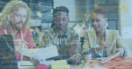 Image of financial data processing over diverse business people in office. Global business, finance,...