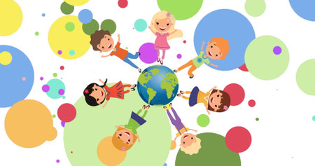 Image of diverse children and globe icon on white background. Universal childrens day and celebration concept digitally generated image.の写真素材