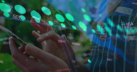 Image of green dot graph and data processing over hands of woman using smartphone. Global...