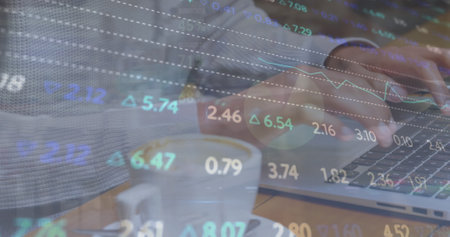 Image of financial data over caucasian woman using laptop. Global business, data processing and...