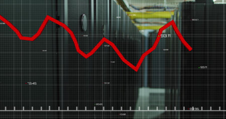 Image of red line and financial data processing over computer servers. Global business, finances,...