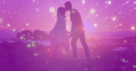 Image of glowing spots over diverse couple kissing. Lifestyle and free time concept digitally...