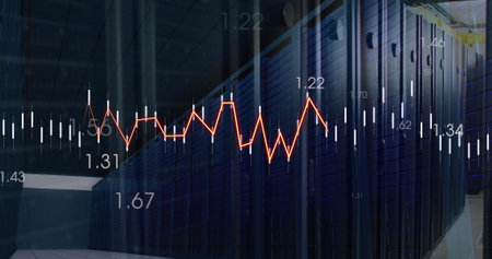 Image of financial data processing over computer servers. Global business, finances, computing and...