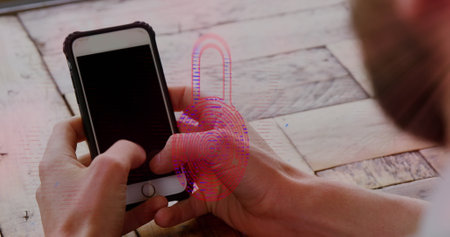 Image of digital online security biometric padlock over caucasian woman using smartphone....