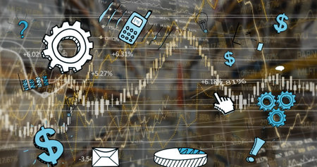 Image of icons and data processing over warehouse. Global business, computing and digital interface concept digitally generated image.の写真素材