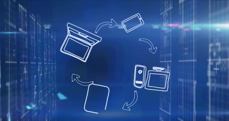 Image of online security padlock and data processing over computer circuit board. Data processing...