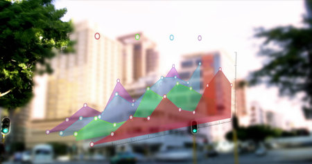 Image of digital data processing and graph over cityscape. Global data processing concept digital generated image.の写真素材