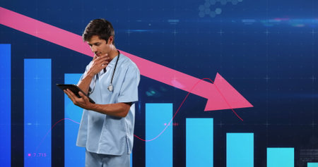 Image of arrow, financial data and graphs over caucasian male doctor. Health, medicine, finance and...