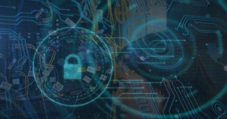 Image of security padlock, data processing and scope with computer circuit board. Global online...