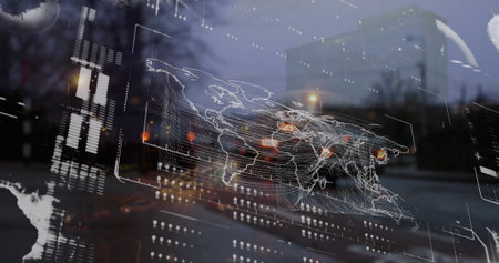 Image of data processing on digital interface over cityscape on on screen. Global business digital...