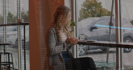 Image of lines and data processing over caucasian woman using smartphone at cafe. Data processing, communication and technology devices concept digitally generated image.の写真素材
