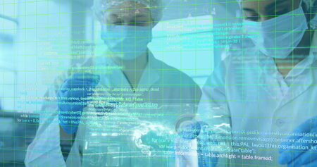 Grid lines and data processing over  two caucasian female scientists in a laboratory. science,...