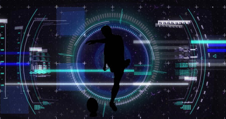 Image of scope scanning and data processing over rugby player. Global sports, competition and data processing concept digitally generated image.の写真素材