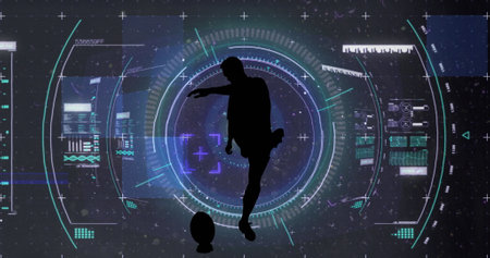 Image of scope scanning and data processing over rugby player. Global sports, competition and data processing concept digitally generated image.の写真素材
