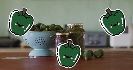 Image of vegetables icons over vegetables in jars. Family, food and digital interface concept digitally generated image.の写真素材