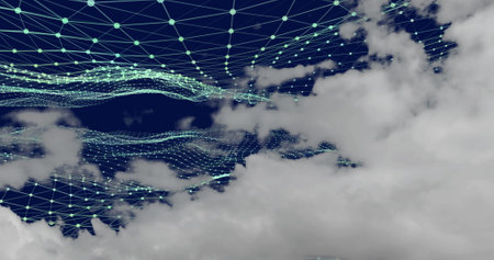 Image of clouds and dots interconnecting with lines and forming triangles against sky. Digital composite, multiple exposure, nature, abstract, design and technology concept.の写真素材