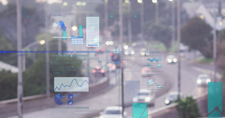Image of statistical data processing against aerial view of city traffic. Computer interface and business technology conceptの写真素材