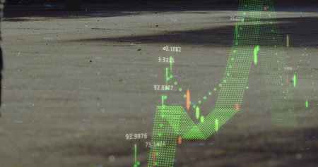 Image of financial data processing over people walking on street. Global business, finances and digital interface concept digitally generated image.の写真素材