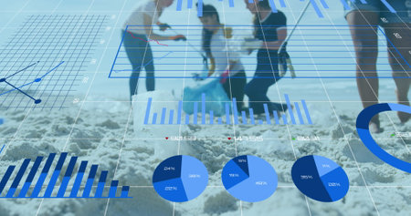 Image of infographic interface over multiracial people picking up plastic bottles on beach. Digital composite, multiple exposure, report, finance, business, community and recycling concept.の写真素材