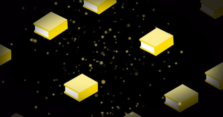 Image of glowing spots over yellow books on black background. international literacy day and reading...