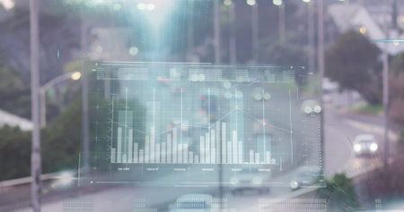 Image of interface with data processing against aerial view of city traffic. Computer interface and business technology conceptの写真素材