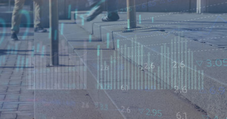 Image of financial data processing over people walking on street. Global business, finances and...