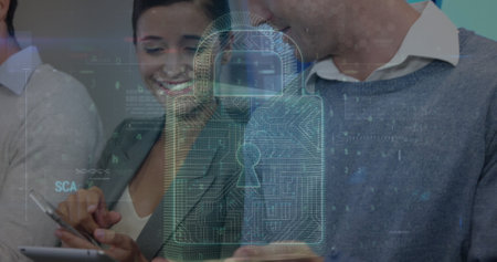 Image of data processing over diverse business people in office. Global business and digital...
