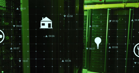 Image of data processing over computer servers. Global business, finances, computing and data processing concept digitally generated image.の写真素材