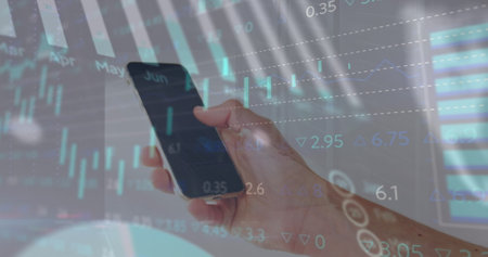 Image of financial data processing over caucasian woman using smartphone. Global business, data...