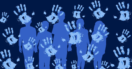 Image of handprints and silhouettes of children on blue background. Universal childrens day and celebration concept digitally generated image.の写真素材