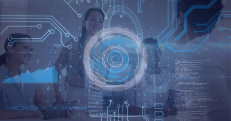 Image of digital interface over diverse group of business people. Global connections, data...