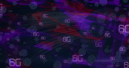 Multiple 6g texts and network of digital icons against purple plexus networks on black background. Digital interface and business technology conceptの写真素材