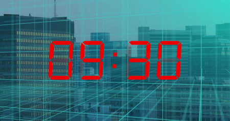 Image of squares and countdown over cityscape. Global business, time and digital interface concept, digitally generated image.の写真素材